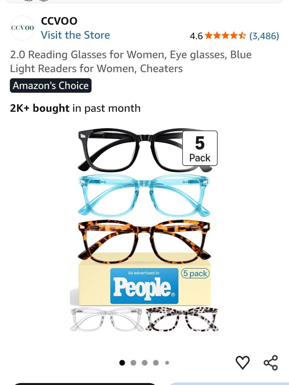 Women's 5-Pack Reading Glasses2.0  - Black, Blue, Tortoiseshell, Clear, Leopard